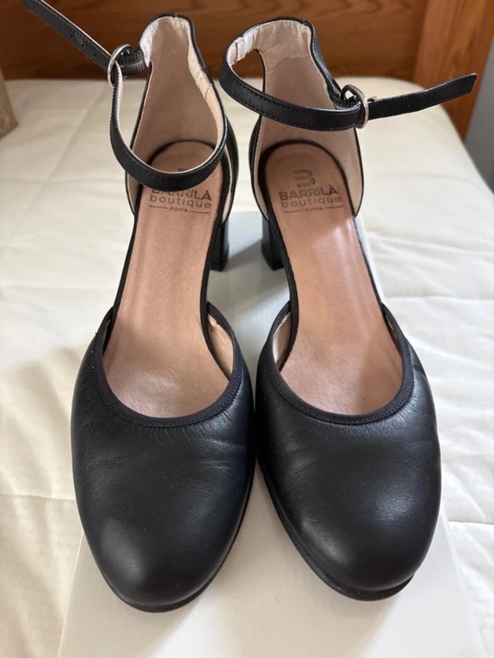 Black Ankle-Strap Leather Heels